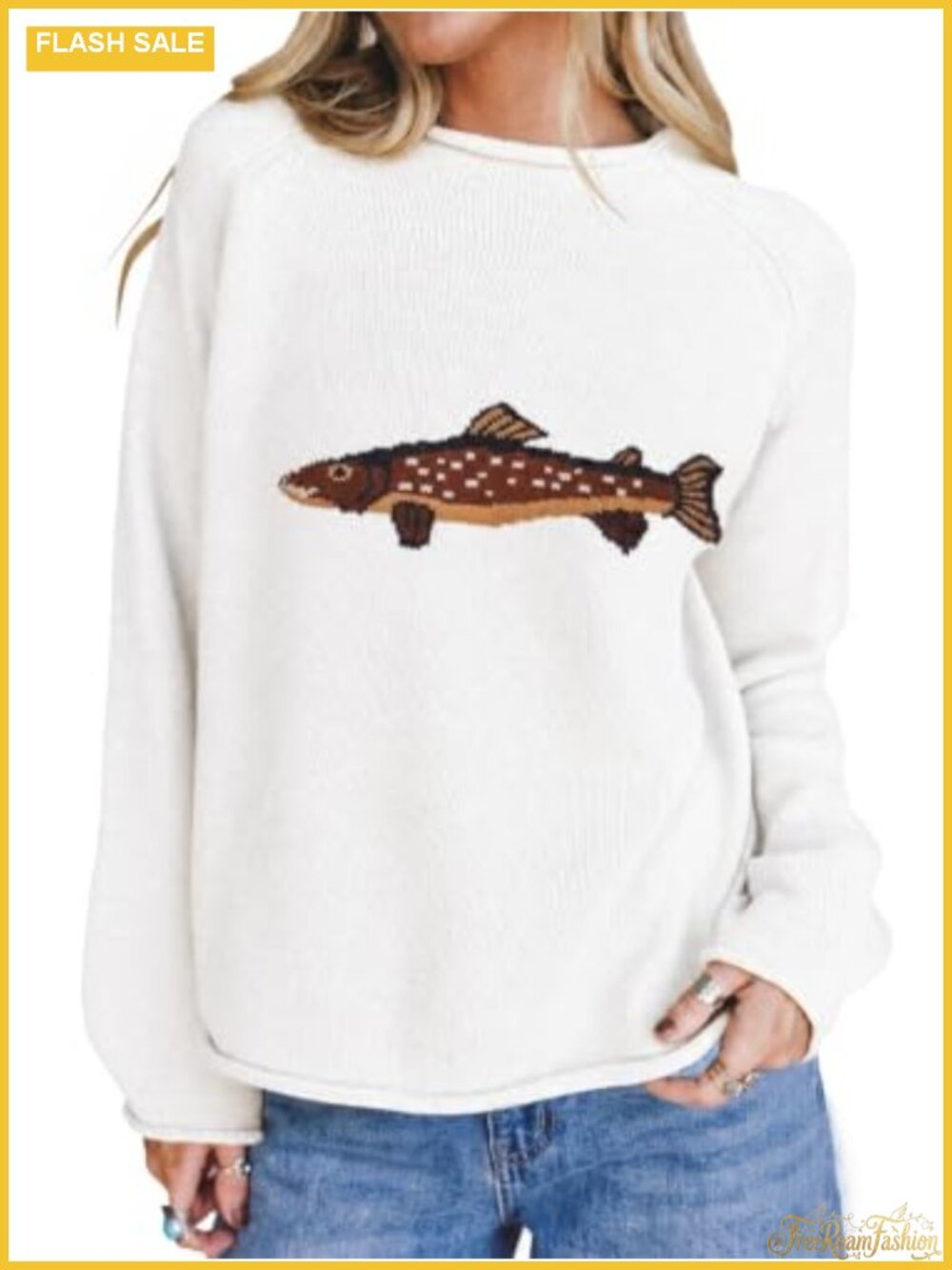 Oversized Fish Graphic Knit Pullover Sweater Lightweight Crew Neck